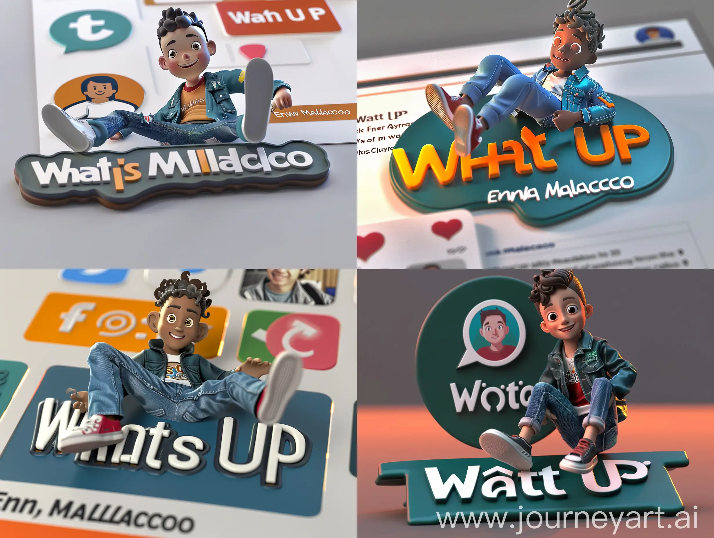 Create a 3D illustration of an animated character sitting casually on top of a social media logo "whats up". The character must wear casual modern clothing such as jeans jacket and sneakers shoes. The background of the image is a social media profile page with a user name "Ernie Malachico" and a profile picture that match.