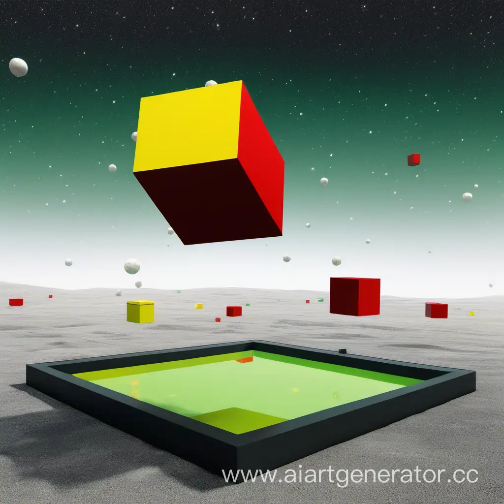 Platform, floating in the air. On it are a white cube, a red cylinder, a yellow cylinder, a green cylinder. Cosmic landscape
