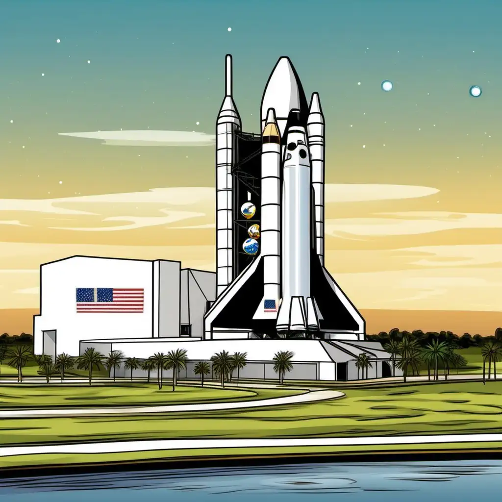 Kennedy Space Center building, 
cartoon illustration

