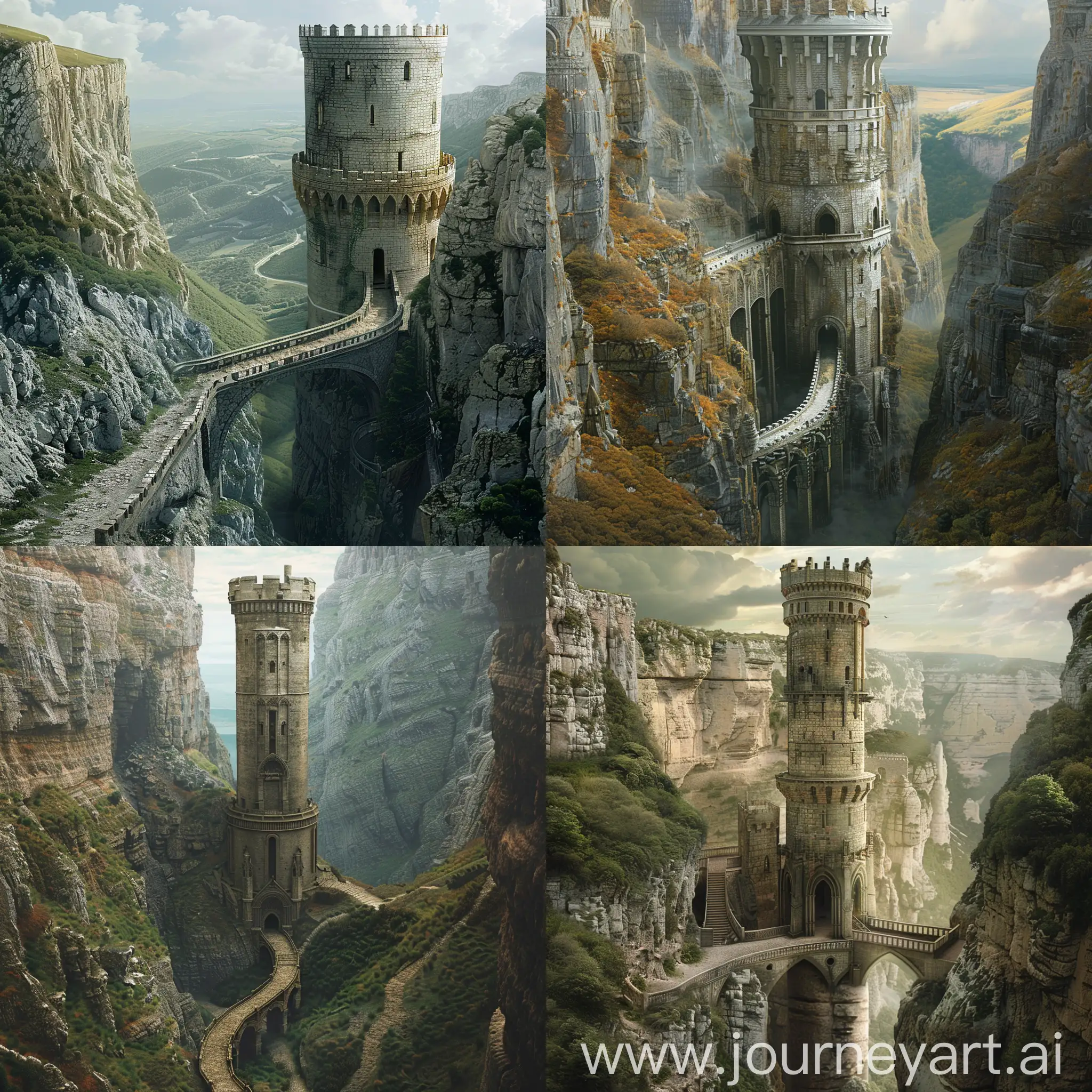 Majestic-Medieval-Tower-Overlooking-Endless-Valley-with-Bridge-Entrance