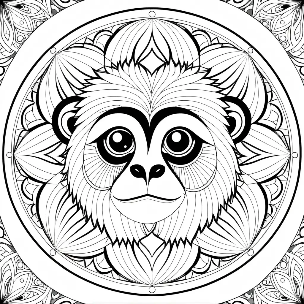Black and white full page mandala coloring page for adults, cute face Gibbon, radial, full page with no borders, symmetrical, simple, geometric, abstract pattern, interlocking circles, shapes with black lines, printable outlined art, thin lines, no shades, crisp lines --style 4b --v4-, white background