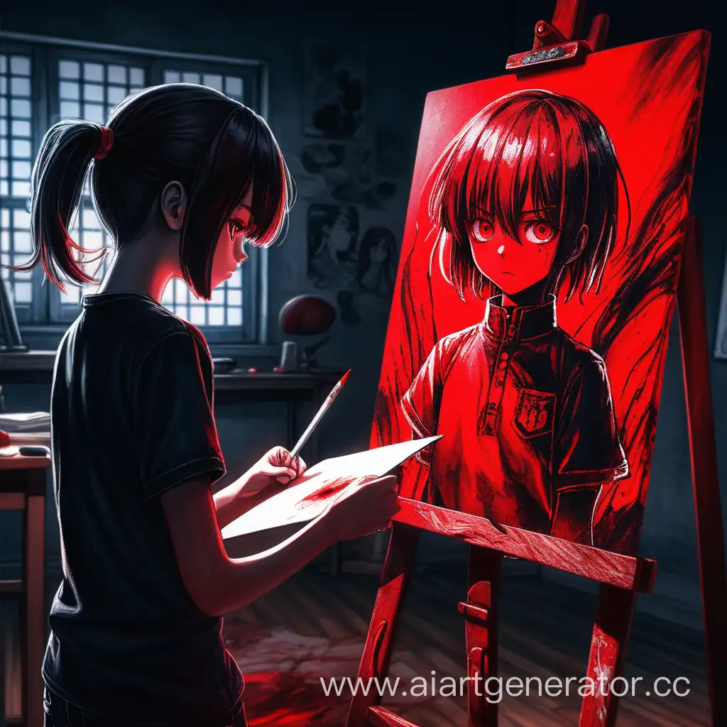  Девушка в тёмной комнате, красными красками рисует на холсте, а позади стоит парень с красными глазами, стиль аниме.