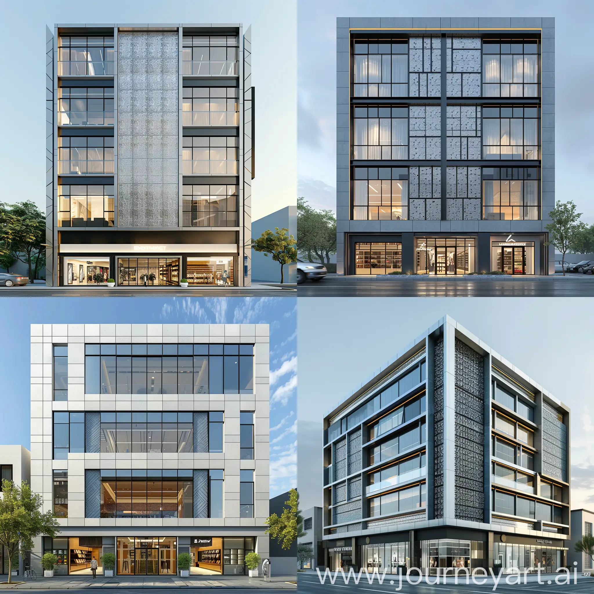 photorealistic, 7 story office building , modern facade, semi glossy on facade panel wall, parametric pattern metal on second layer for shading, retail store in center and middle ground floor, 2 main entrance of building On both sides of the store
