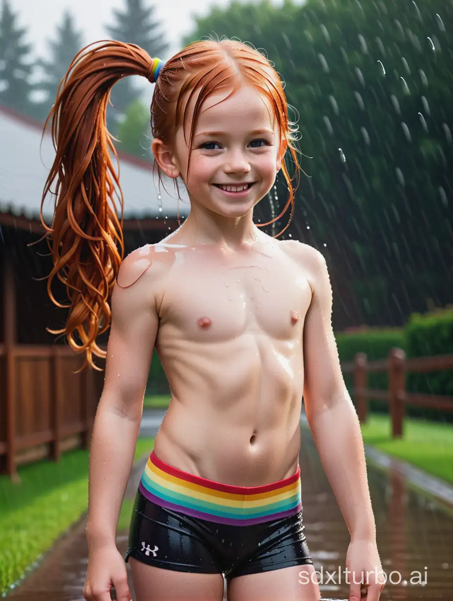 8 years old girl, long ginger hair, flat chested, muscular abs, showing her belly, raining outside, wet, smile, pony tail, rainbow