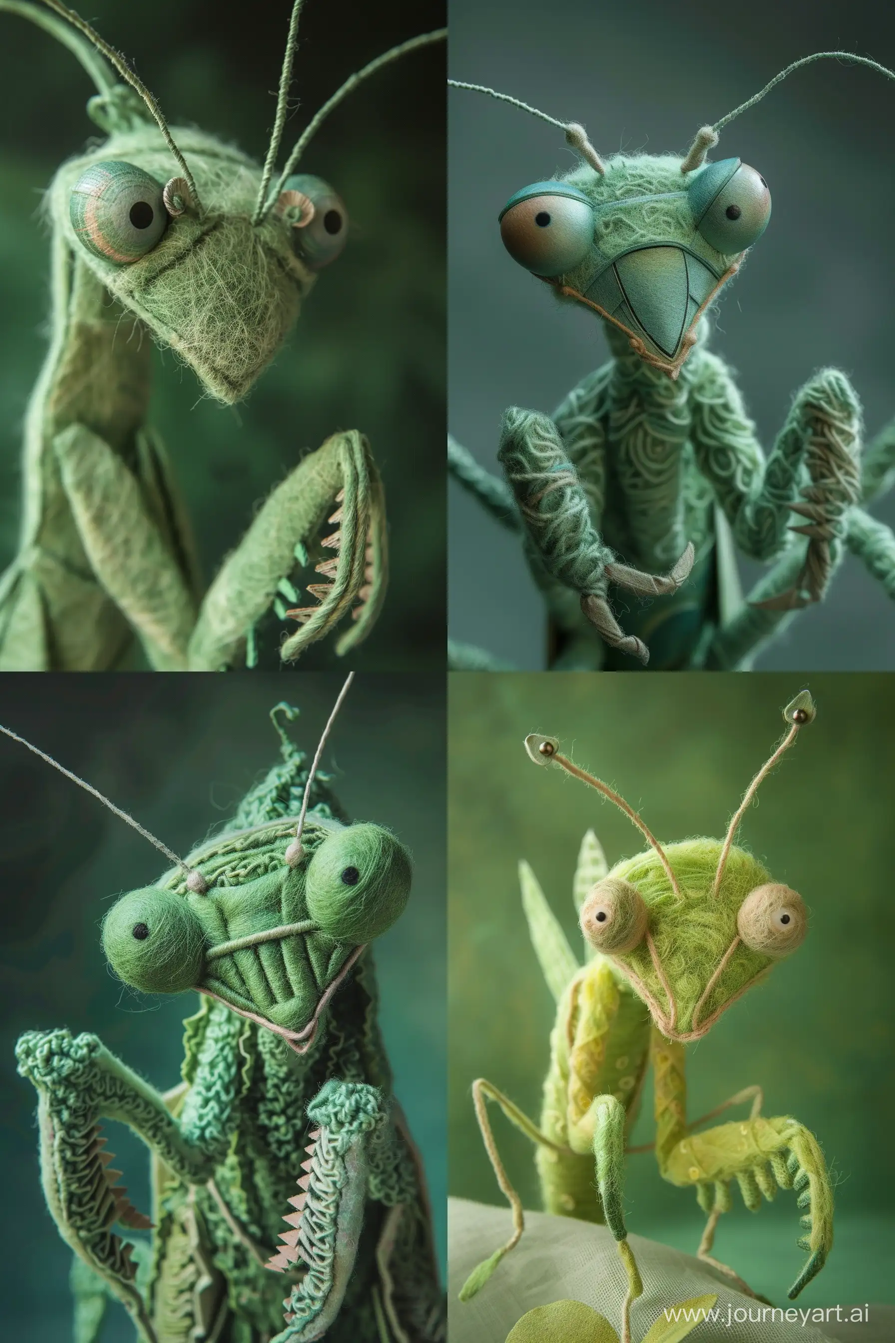 a light forest green Mantis intricate image, full body, cute, cool, it is made of wool texture muppet image, wool craftsmanship, realistic fine details, conceptual embroidery, light green color as embellishments, strong close-ups, paper sculptures, surrealistic object illustrations, intricate details and textures, uhd --style raw --v 6 --ar 2:3