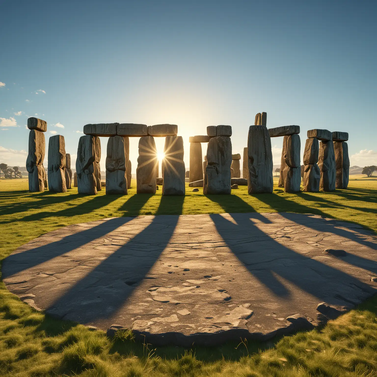 Majestic Stonehenge standing tall against a clear blue sky, Ancient stones arranged in a circular pattern, Soft, golden sunlight casting long shadows, Lush green grass surrounding the monument, Detailed and realistic, Fine art, Detailed and sharp focus, Warm and golden lighting, by René Magritte and Salvador Dalí, Artstation