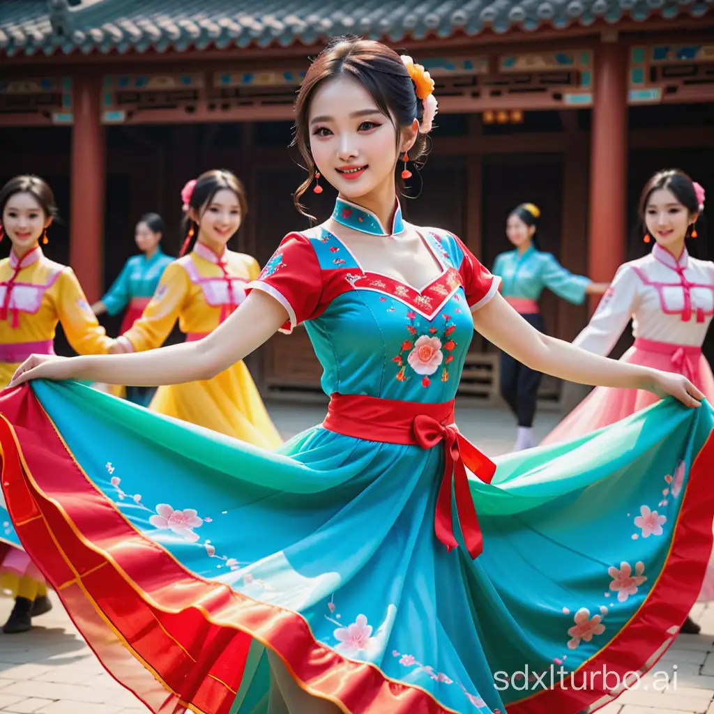A Chinese beauty is dancing square dance