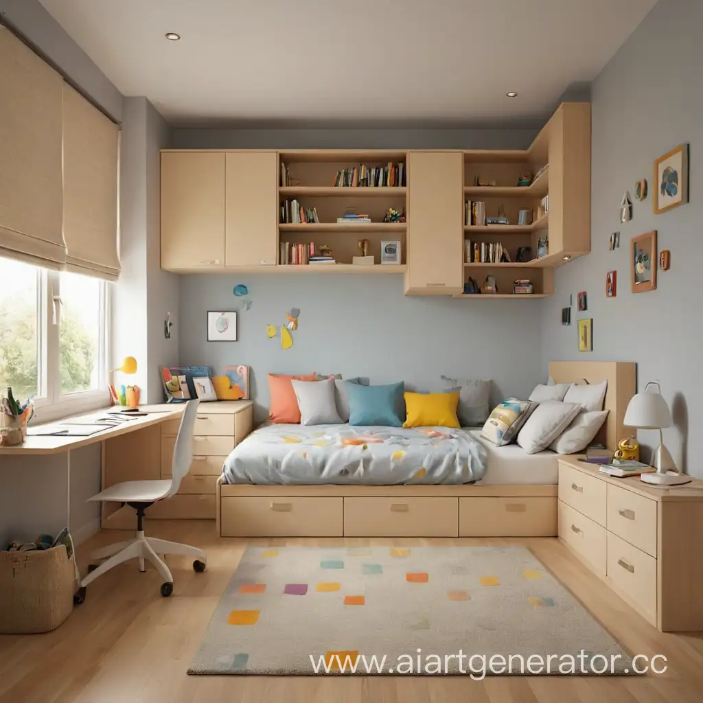 спальня ребенка, в которой среди мебели и вещей спрятано по пять штук предметов пять штук квадратной формы