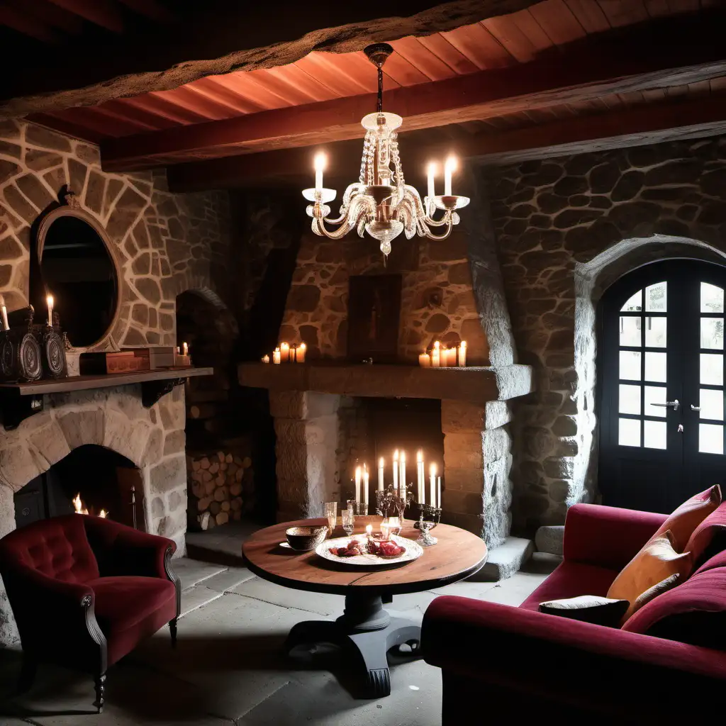 A cottage house with an old fireplace , and vintage furniture, stone walls and burgundy color sofa, and wooden ceiling with a round dining table and candles and a bookshelf and chandelier