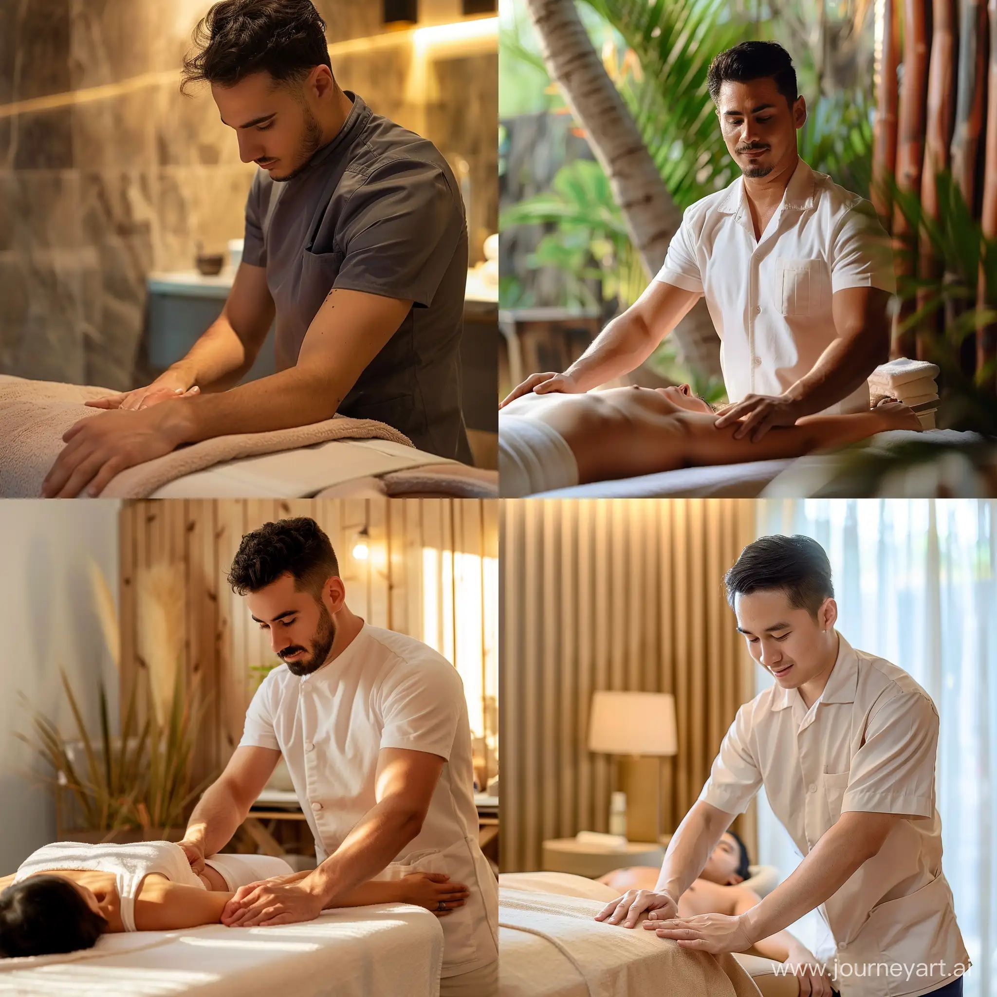 a male masseur at a massage table gives a massage to a client
