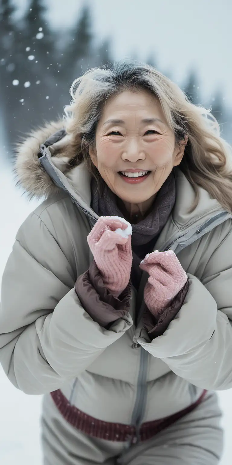 Elegant 65YearOld Japanese Mother Enjoying Snowball Fight in Alaska