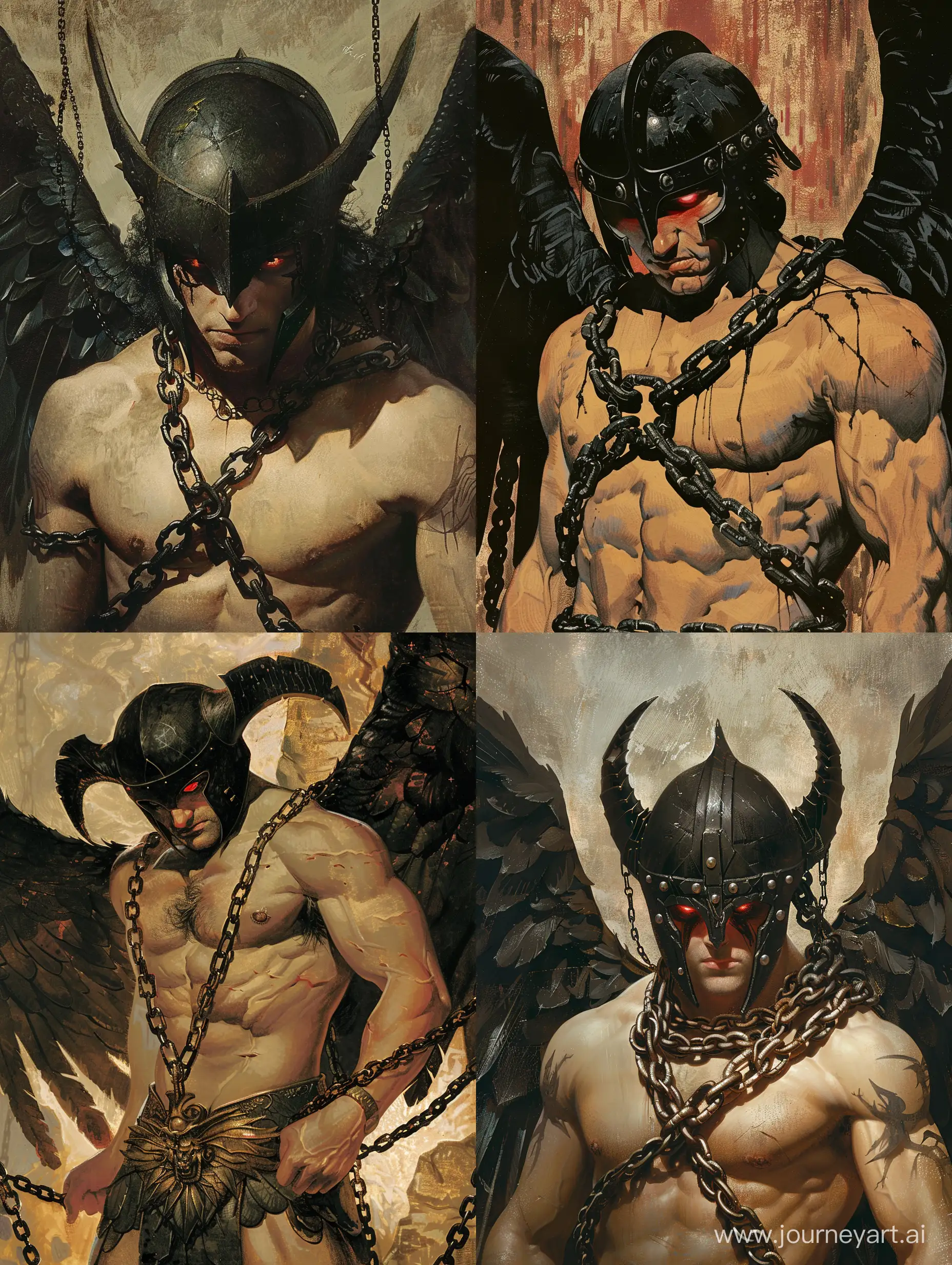 classicism style, man, chains on body, dark helmet,  goddess, cover for book, black wings, red eyes, old art style, epic