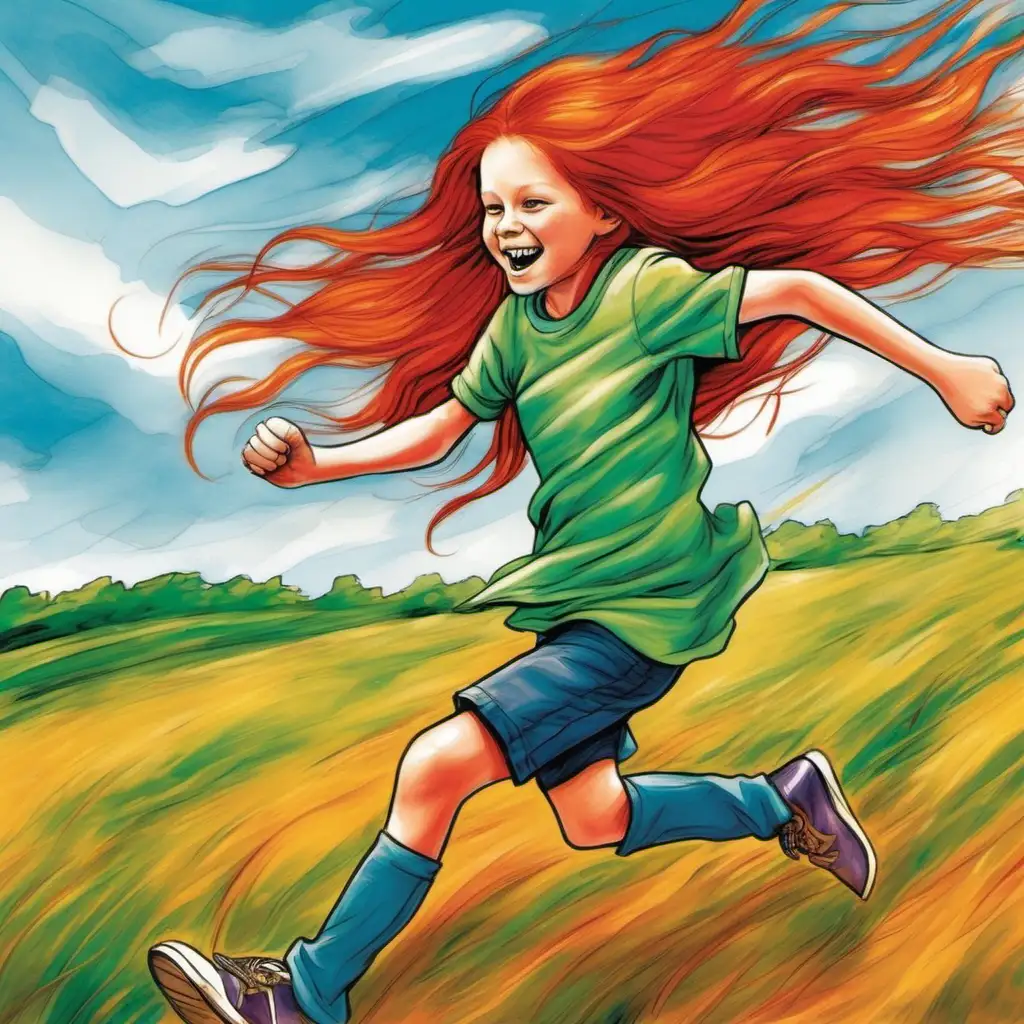 A colorful picture of a 10 year old girl with long red hair running into the wind.