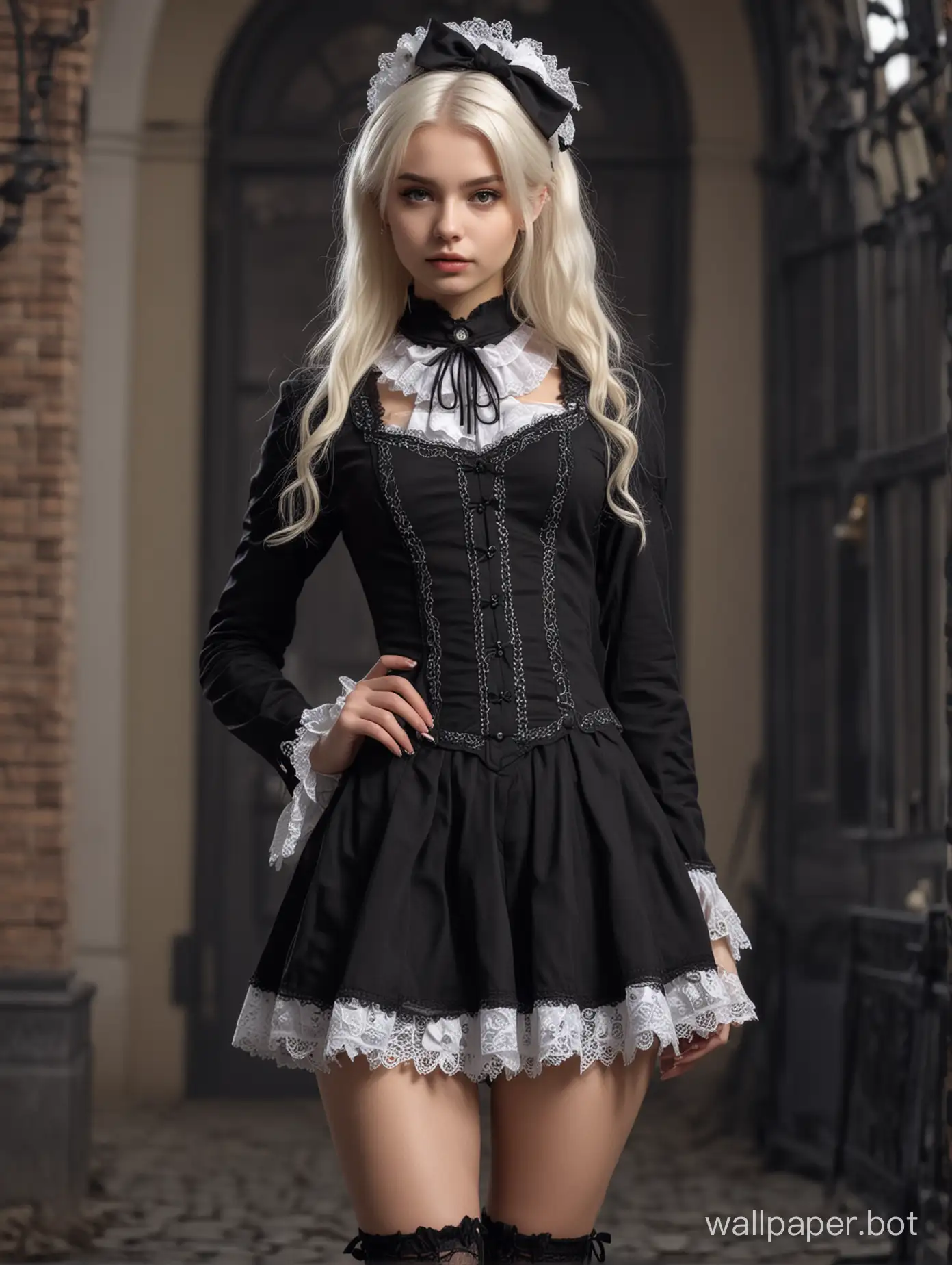 Photo of a beautiful 18 y.o. Russian model, full body, wide shot, detailed skin, perfect hips, perfect body, very detailed, 4K HQ, 8K HDR, High contrast, shadows, platinum blonde hair, black gothic lolita costume, full body view