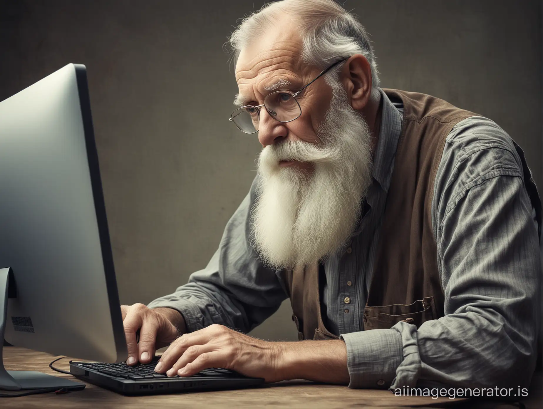 old beard man sitting at surface computer working with Photoshop; 
