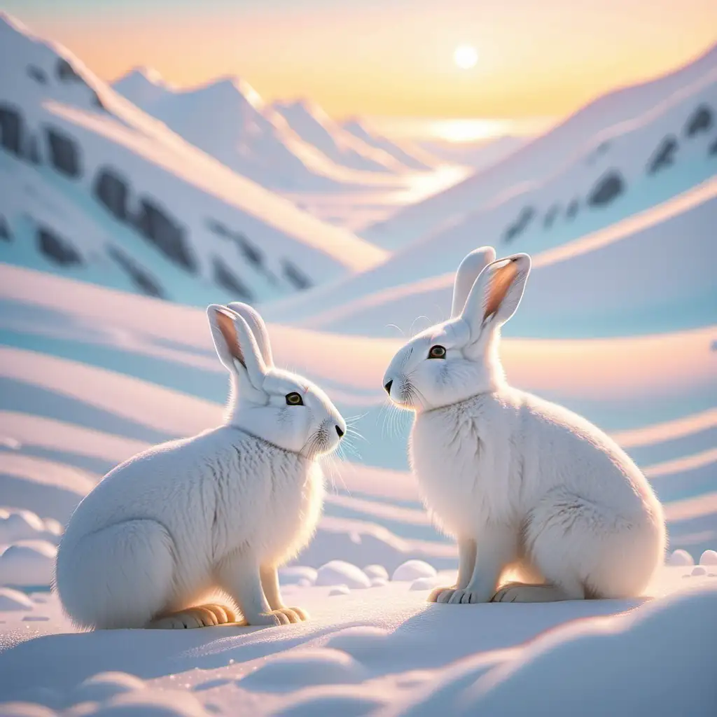 Arctic Snow Hares Frolicking in Mountainous Terrain
