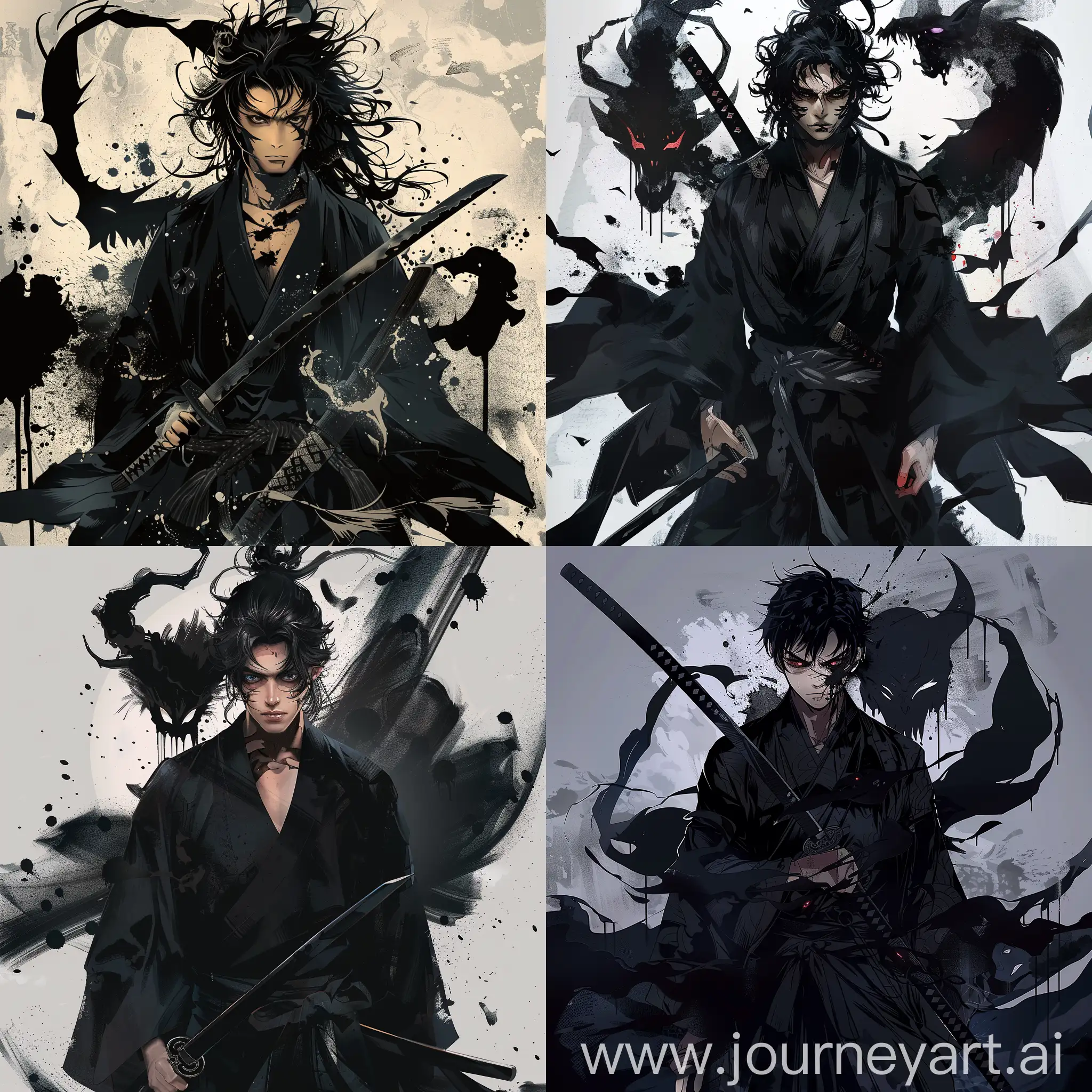Black haired male, full body, black kimono, black katana, vagabond manga style, surrounded by shadows, anger and sadness, oni mask, shadows leaking from he blade, death stare, demon shape behind