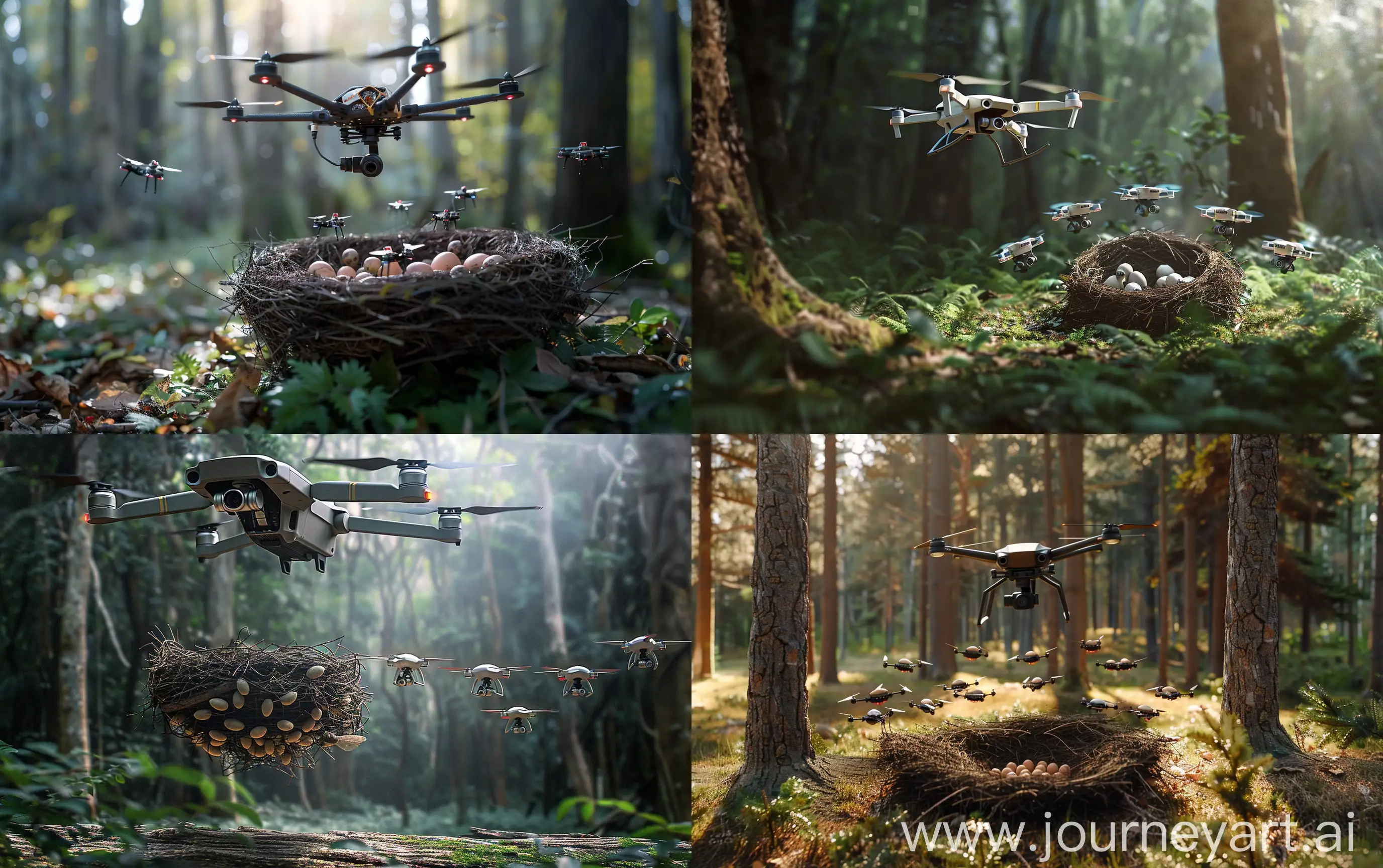 Drone-Observes-Newly-Hatched-Drone-Nest-in-Realistic-Forest-Scene
