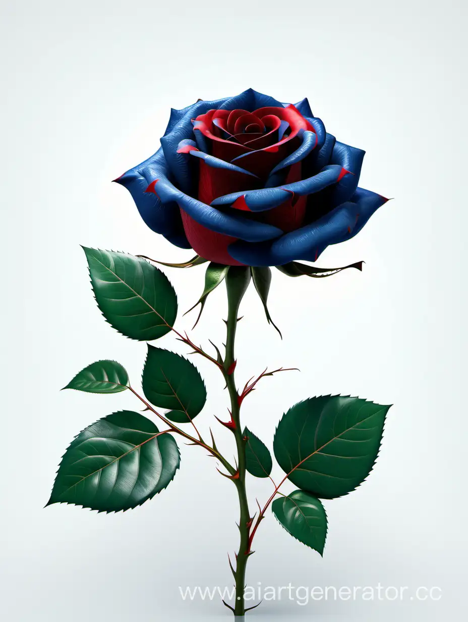realistic dark blue Red Rose 8k hd with fresh lush 2 green leaves on white background