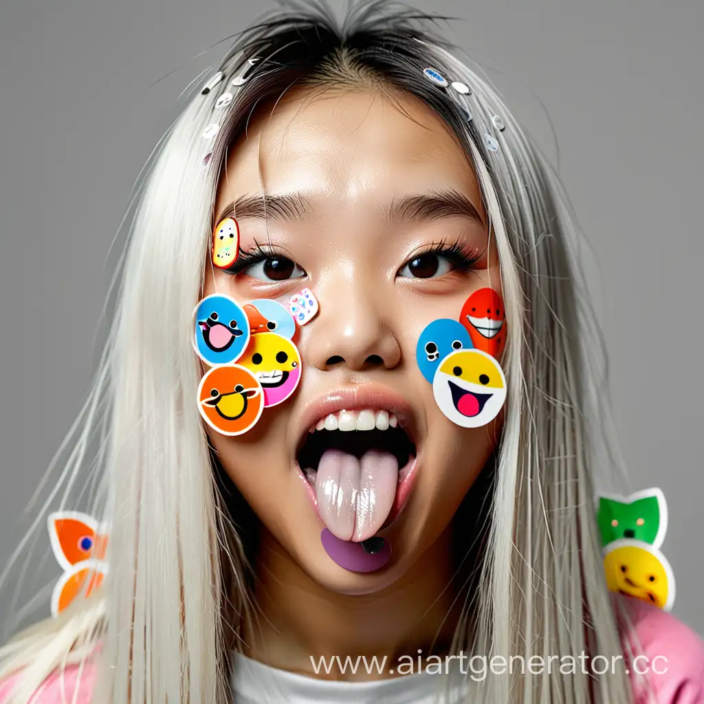 красивая девушка, с ровными зубами, азиатской внешности, с разными , маленькими, цветными наклейками на лице, с длинными и светлыми волосами, показывает язык, задний фон монохромный