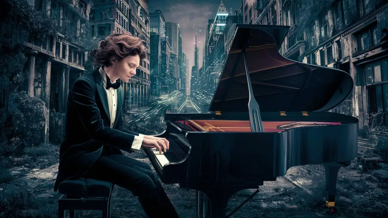 Vingate graphic someone is playong a grand piano in an abandoned city view is from top of a building 