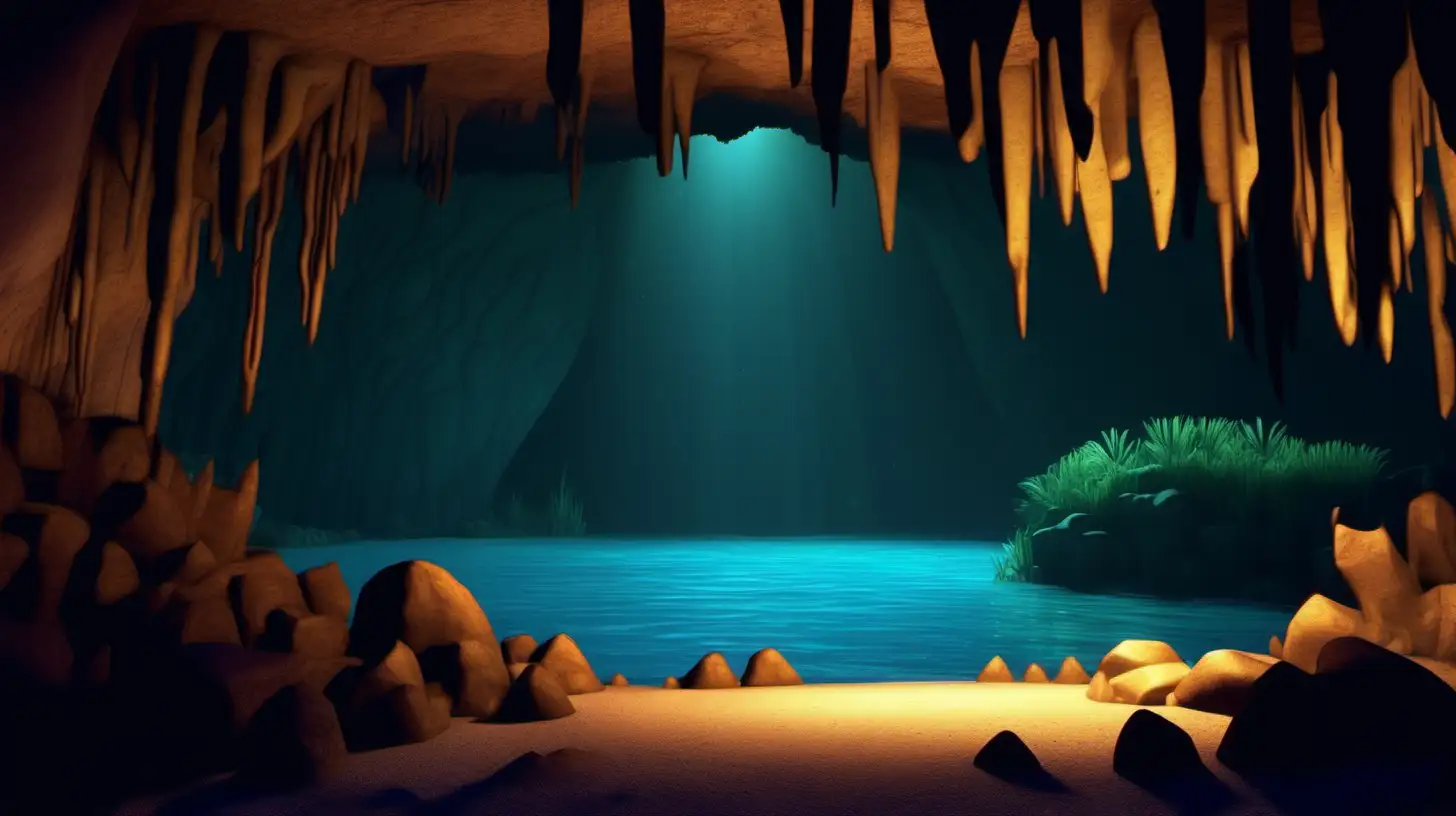 cave at night with water at the bottom of screen  pixar style Maya style log view

