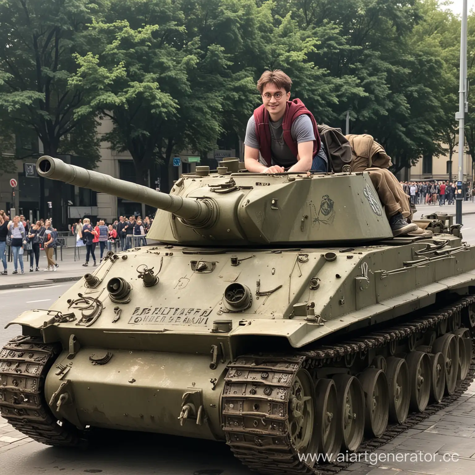 Гарри Поттер на немецком 
танке в берлине