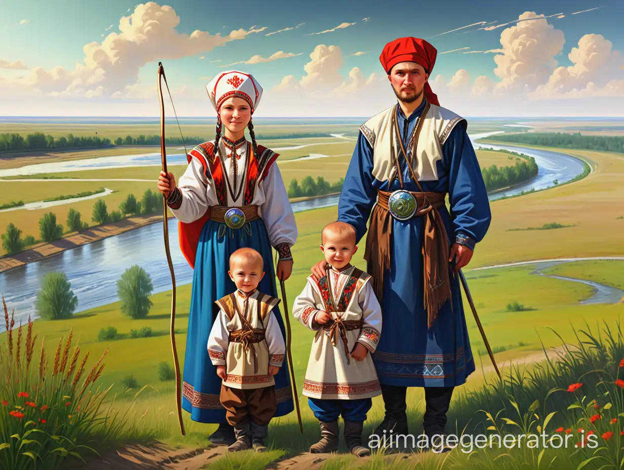 summer landscape, fields, meadows, steppes, river, grass in the foreground, in the center there are 4 Bashkirs in national costumes, mom and dad, the youngest son and the eldest son, dad holding a bow, the eldest son holding a saber, the youngest holding a bow, looking at the viewer