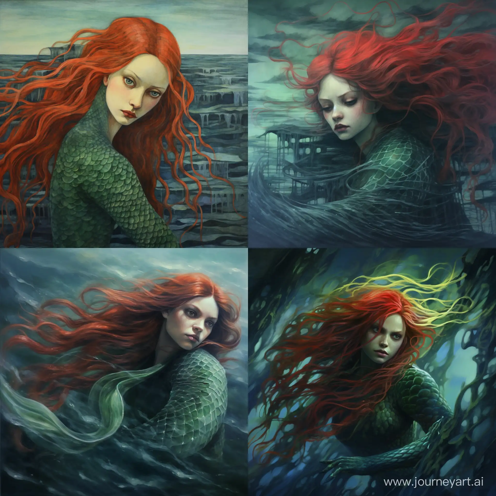 русалка с красными волосами и зелёным хвостом в море
