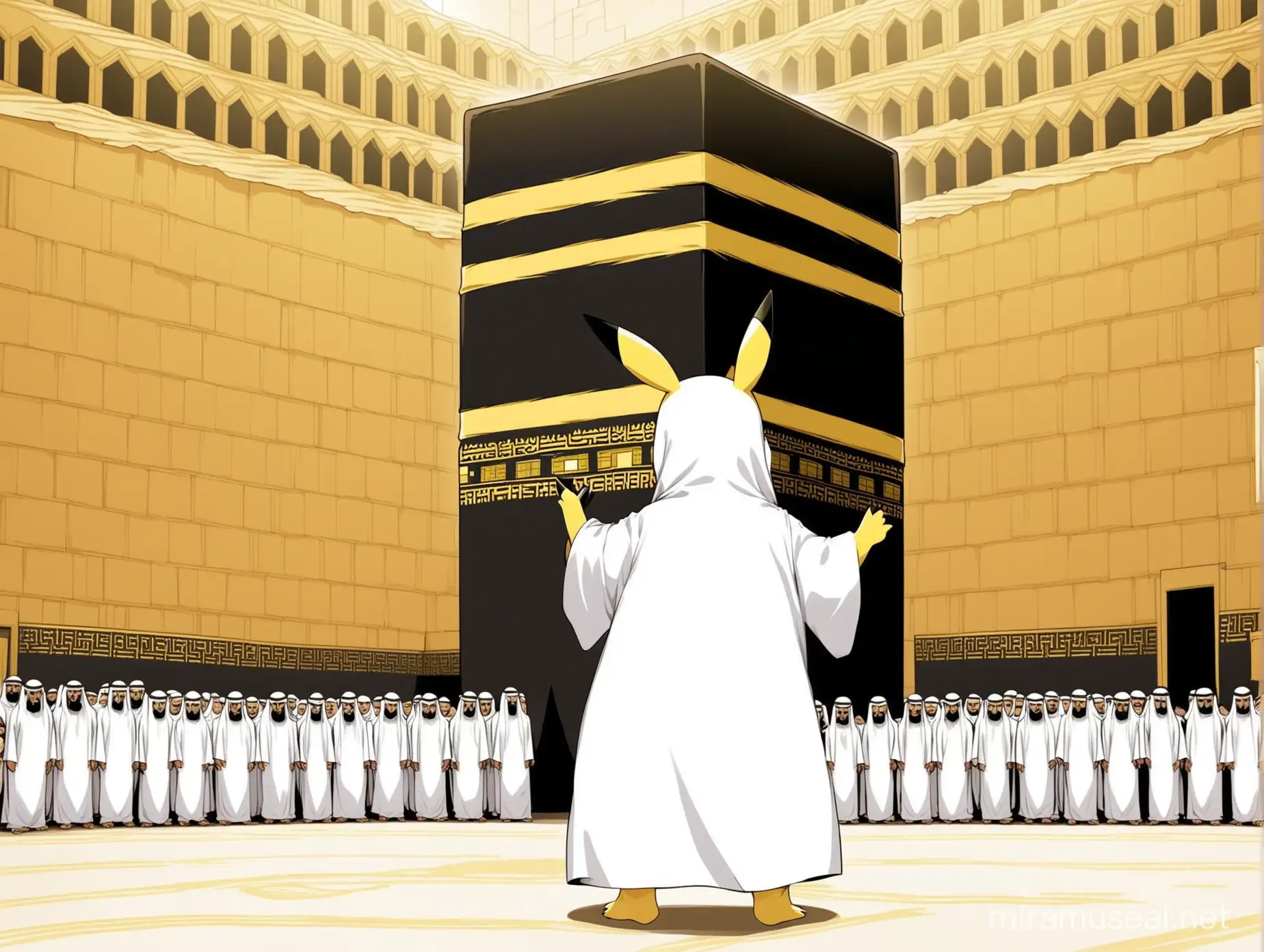 Pikachu wearing ihram circumambulates the Kaaba