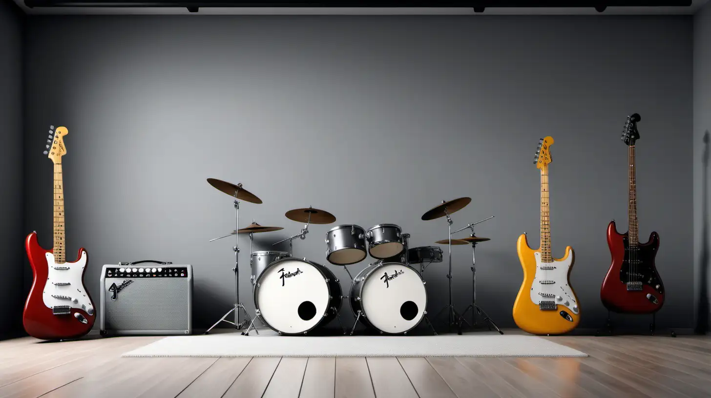 a music studio with different realistic instruments, grey walls and wooden floor, drums, fender stratocaster guitar, fender electric bass, minimal decoration, bright 