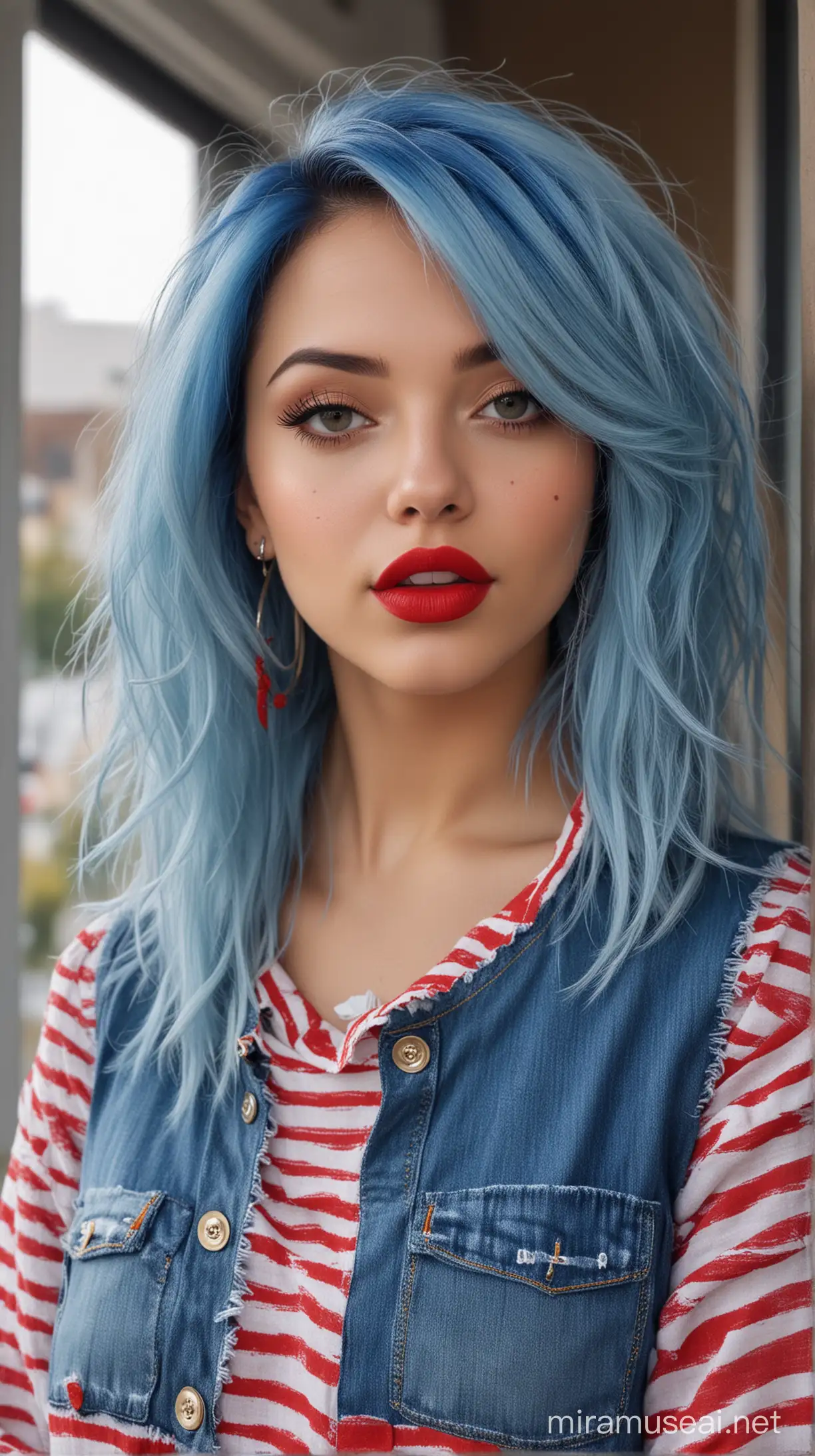4k Ai art beautiful USA girl blue hair red lipstick nose ring ear tops fit jeans and red colour shirt in usa home window