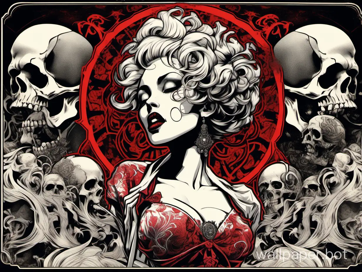 skull venus, burlesque odalisque, front head , sexy crazy face, open mouth with tongue, chaos ornamental, short hair, darkness, explosive hairstyle, assymetrical, chinese poster, torn poster edge, alphonse mucha hiperdetailed, highcontrast, black white red, dramatic tones, explosive dripping colors, sticker art