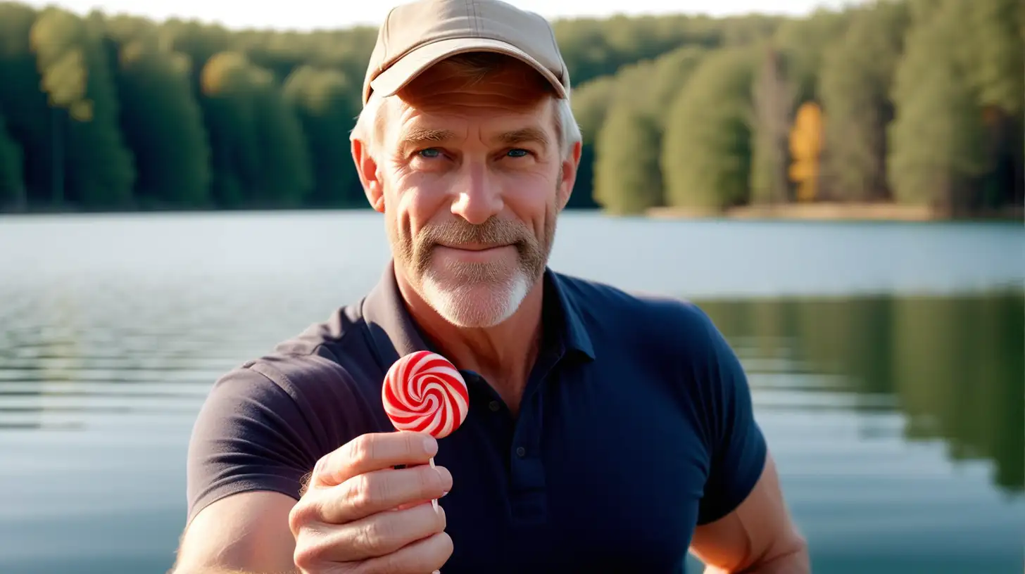 Beautiful lake. Handsome American man of 45 years  holds one candy in his hand