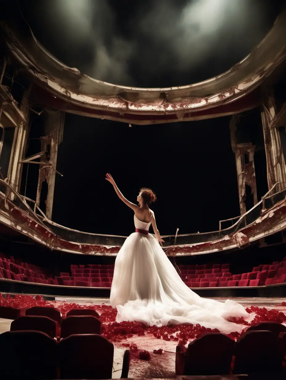 Μια ηθοποιός στη σκηνή ενός βομβαρδισμένου θεάτρου με ένα πιάνο με γυρισμένη την πλάτη στο κοινό με λευκό φόρεμα στυλ Άννα Καρένινα με σταγόνες κόκκινο κρασί να τρέχει από την μήτρα της πλάτη με ένα