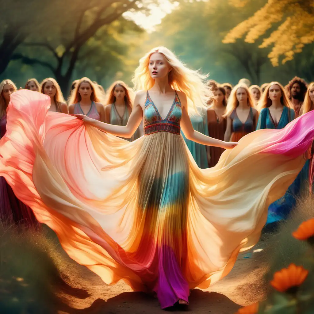 Craft an image, with a background fantastical landscape bursting with vibrant hues. Within this captivating scene, a luminous blonde woman exudes an ethereal radiance and bohemian style flowing dress, standing amidst a diverse assembly of individuals. Before her stretches an unobstructed path, beckoning with clarity and promise.