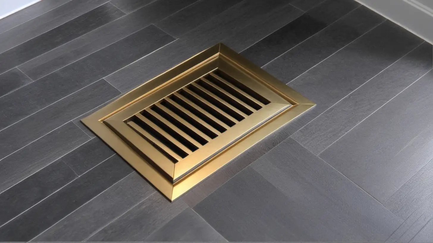 rectangular gold vent on gray wood floor corner. make the image lighter and clearer
