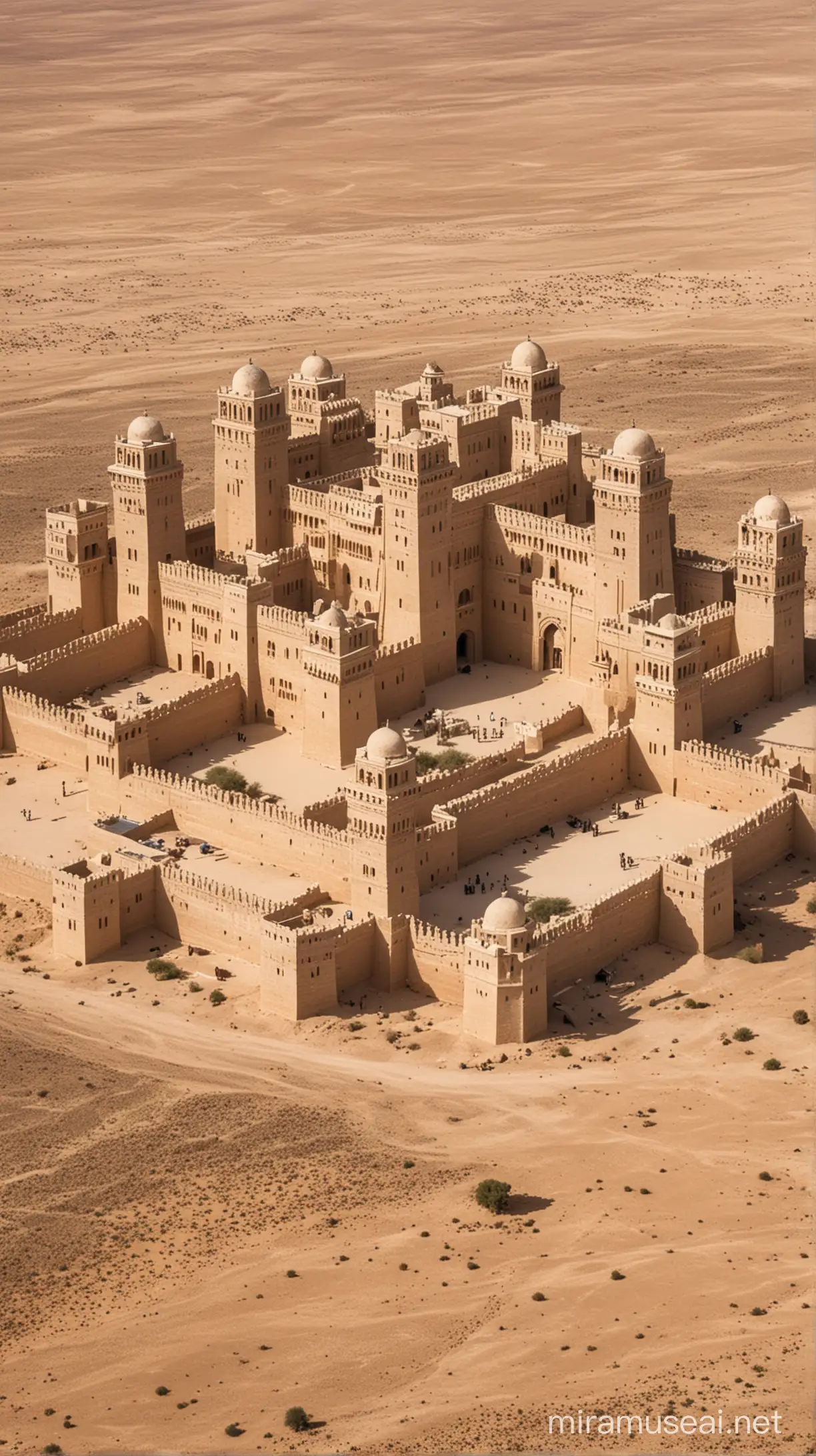 A palace with towers surrounded by walls in desert area