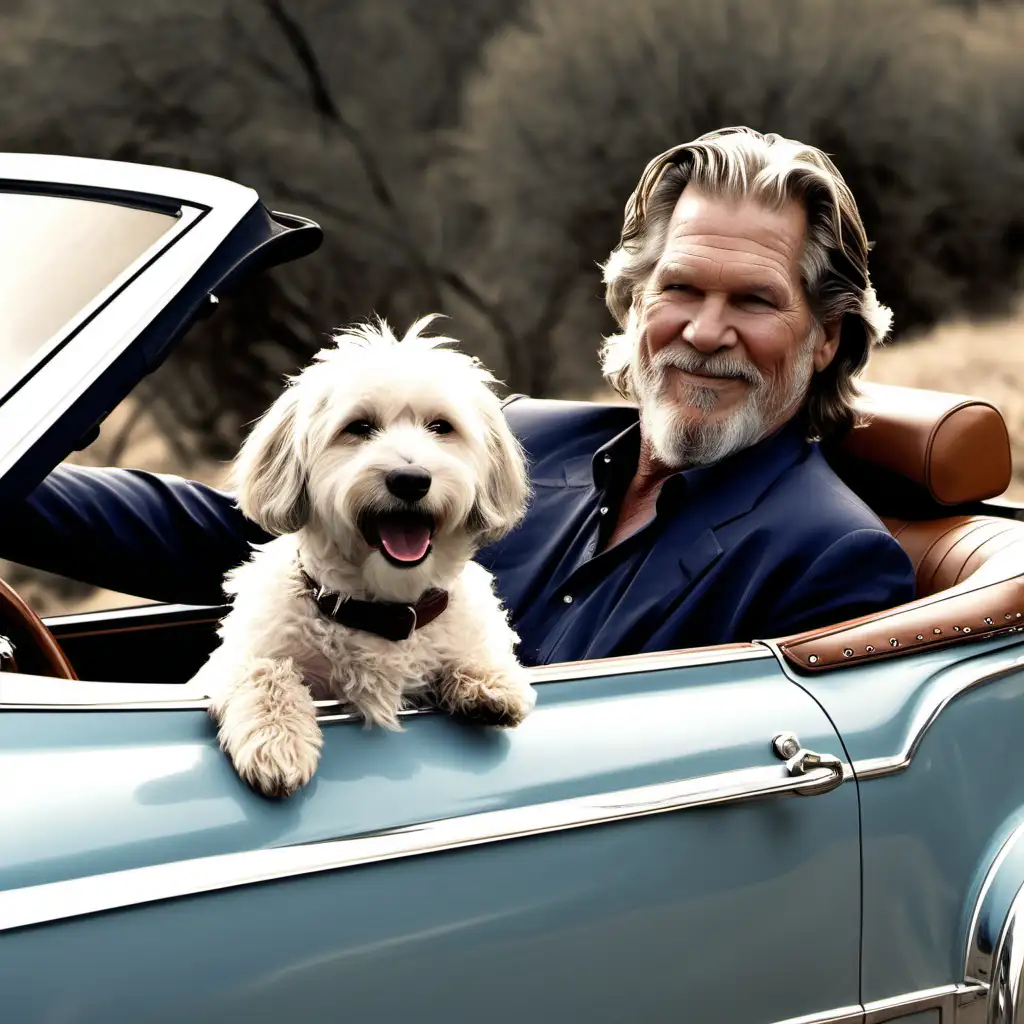 jeff bridges type actor, in cabriolet, with one dog, happy, wind