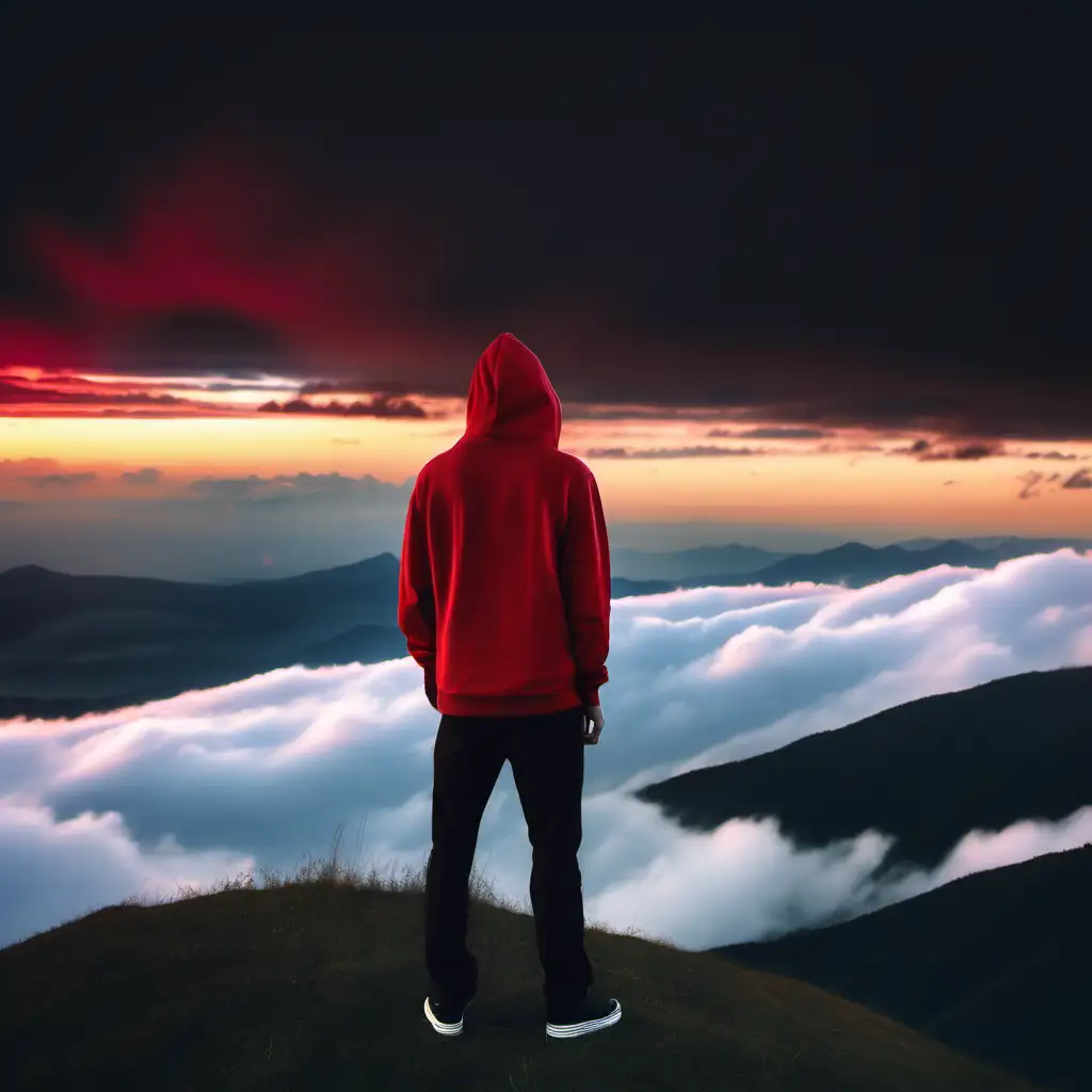 Man Standing on Mountain Hill, Wearing red Hoodie, Looking at Sunset. The clouds are dark red