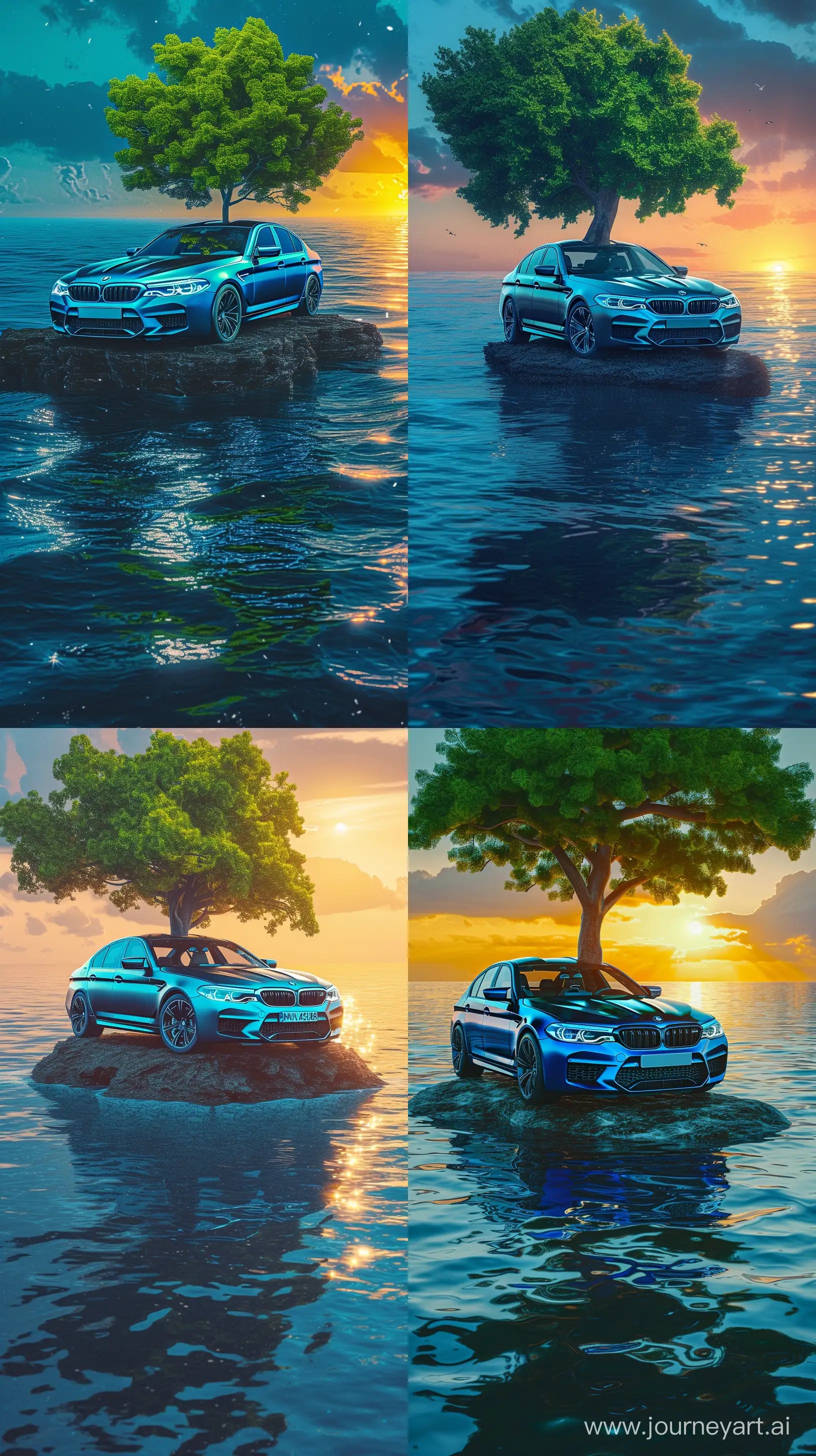 /image Painting byIvan Aivazovsky, car on top of a very Small Island in the middle of the Sea, Green Tree Back car, BMW M5 2018, Light Car On, Details of the car Blue, Sunset, Realistic Sunlight Reflections on the Sea, High Precision --ar 9:16