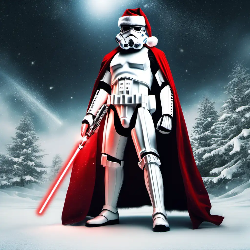 Festive Santa Claus Wielding a Lightsaber in Stormtrooper Armor