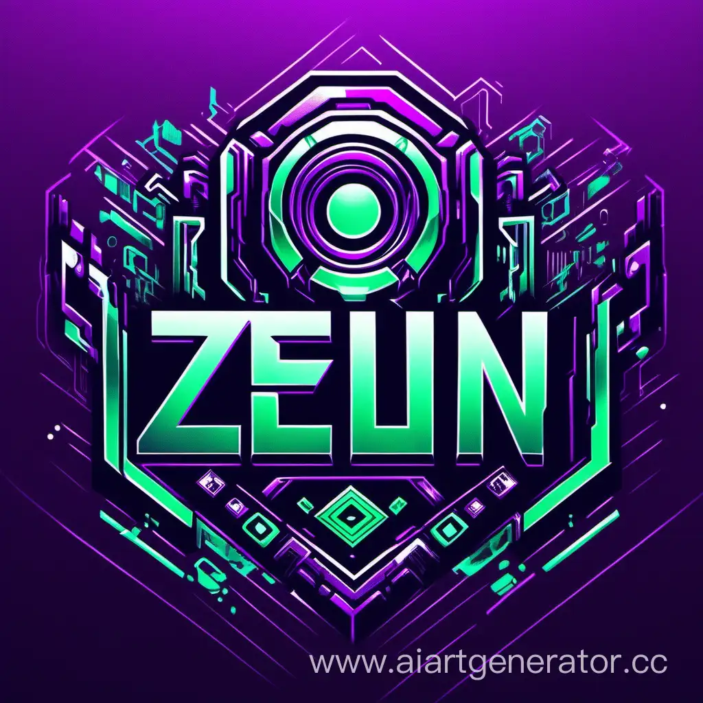дизайнерский логотип компьютерного клуба, в стилистике киберпанк, с названием ZEN LEN, главные буквы логотипа Z и L, преимущественные цвета зеленый фиолетовый и бирюзовый
