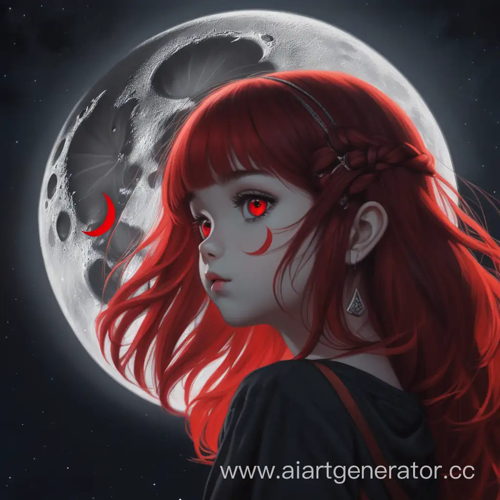 A girl with red hair and red eyes in black clothes looks at the moon