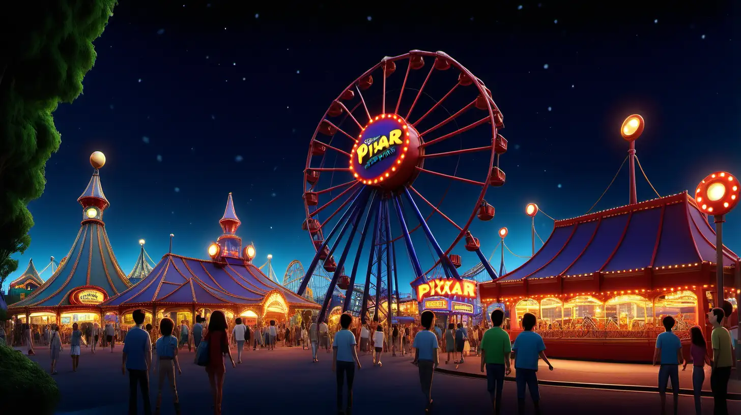 pixar style amusement park side view at night