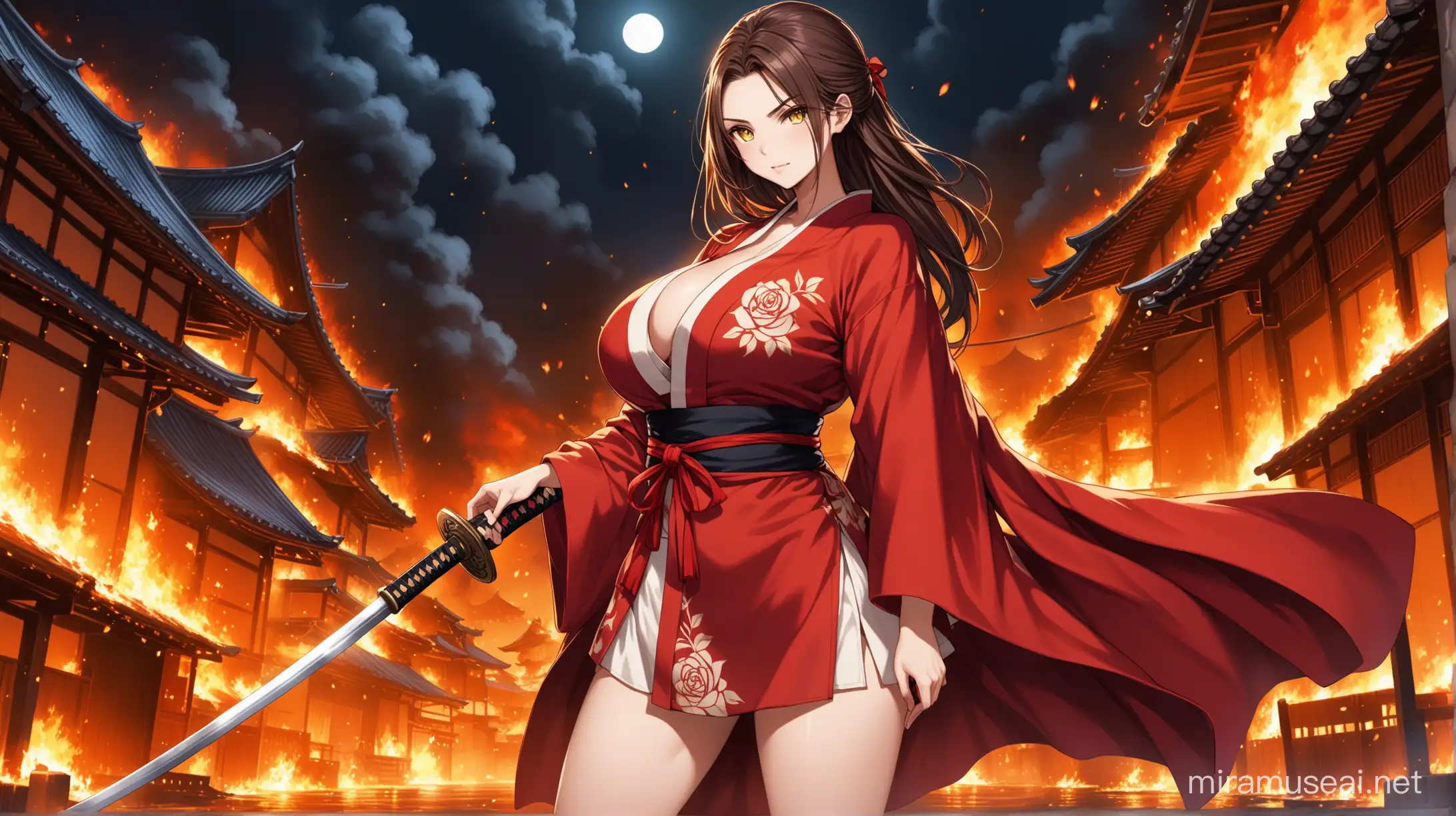 A 19 year old looking girl with brown long hair. With a red ribbon on the pony. She is wearing a red and white hewlan kimono. She have big boobs. She have yellow eyes. Above her wrist she have a tattoo of an elegant rose. In her hand she is holding a katana. Above her hewlan kimono she is hanging a white-golden-red themed coat like cape, like navy Admirals wear. Scorching flame fragments small as little are coming out of her neck. Background is a burnt massacred samurai town in night