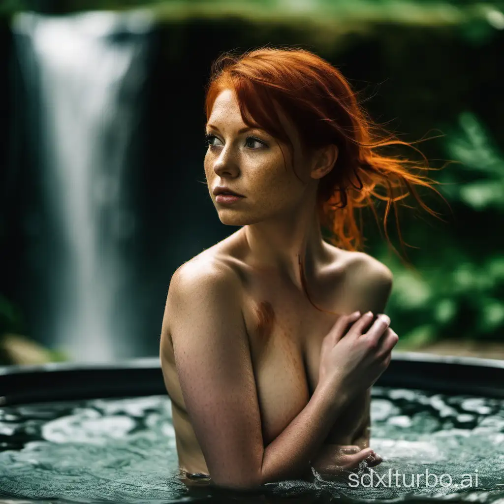 Young woman irish red-hair six-pack big pure tits pure front face of face bathroom backend the waterfall. 