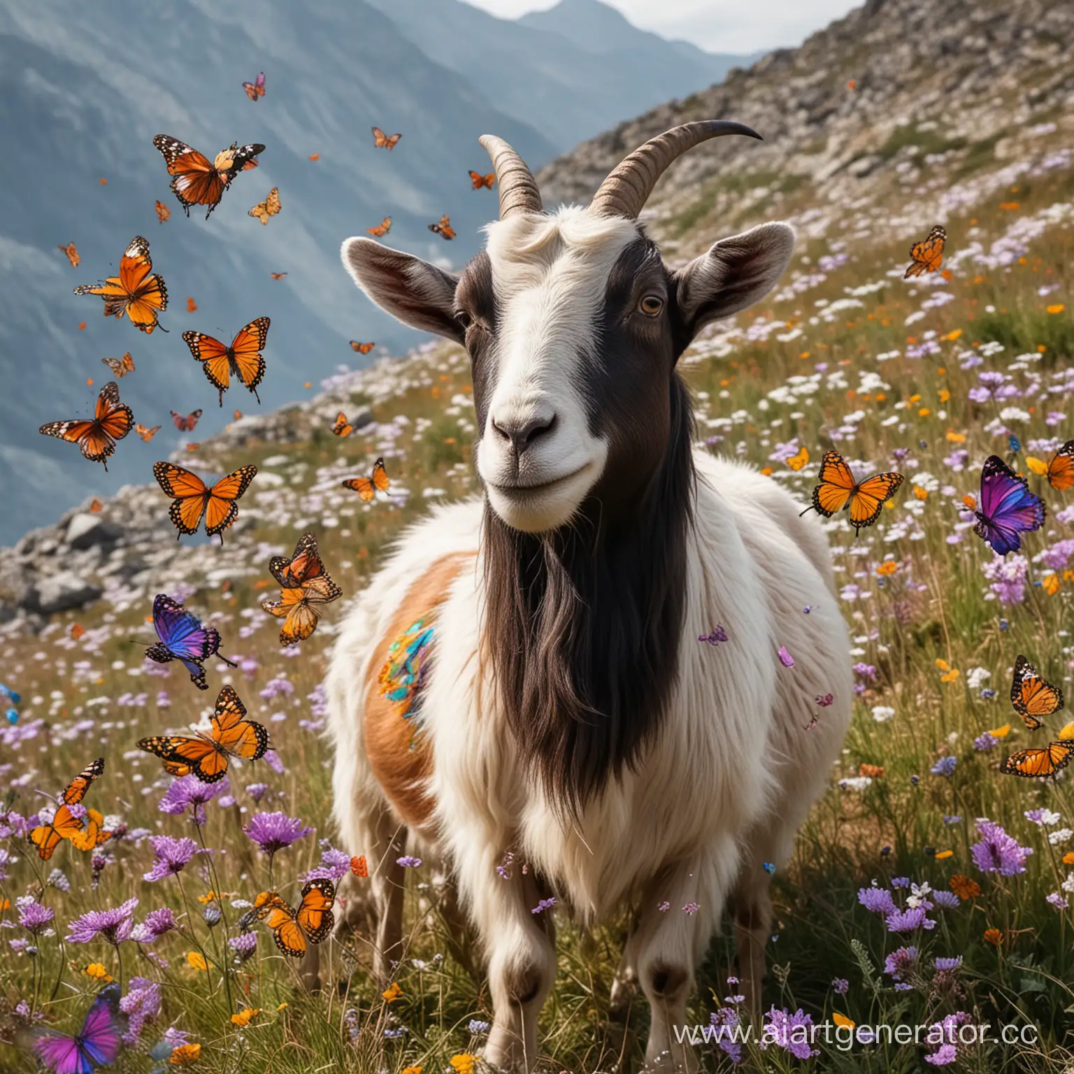 Разноцветная коза в окружении бабочек на горе