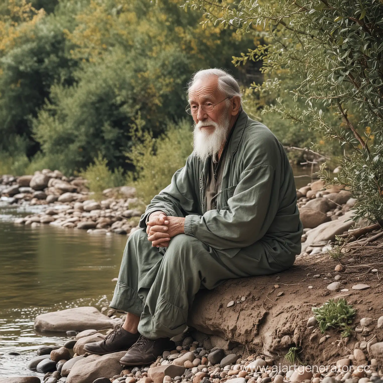 Пожилой мудрец сидит возле реки 