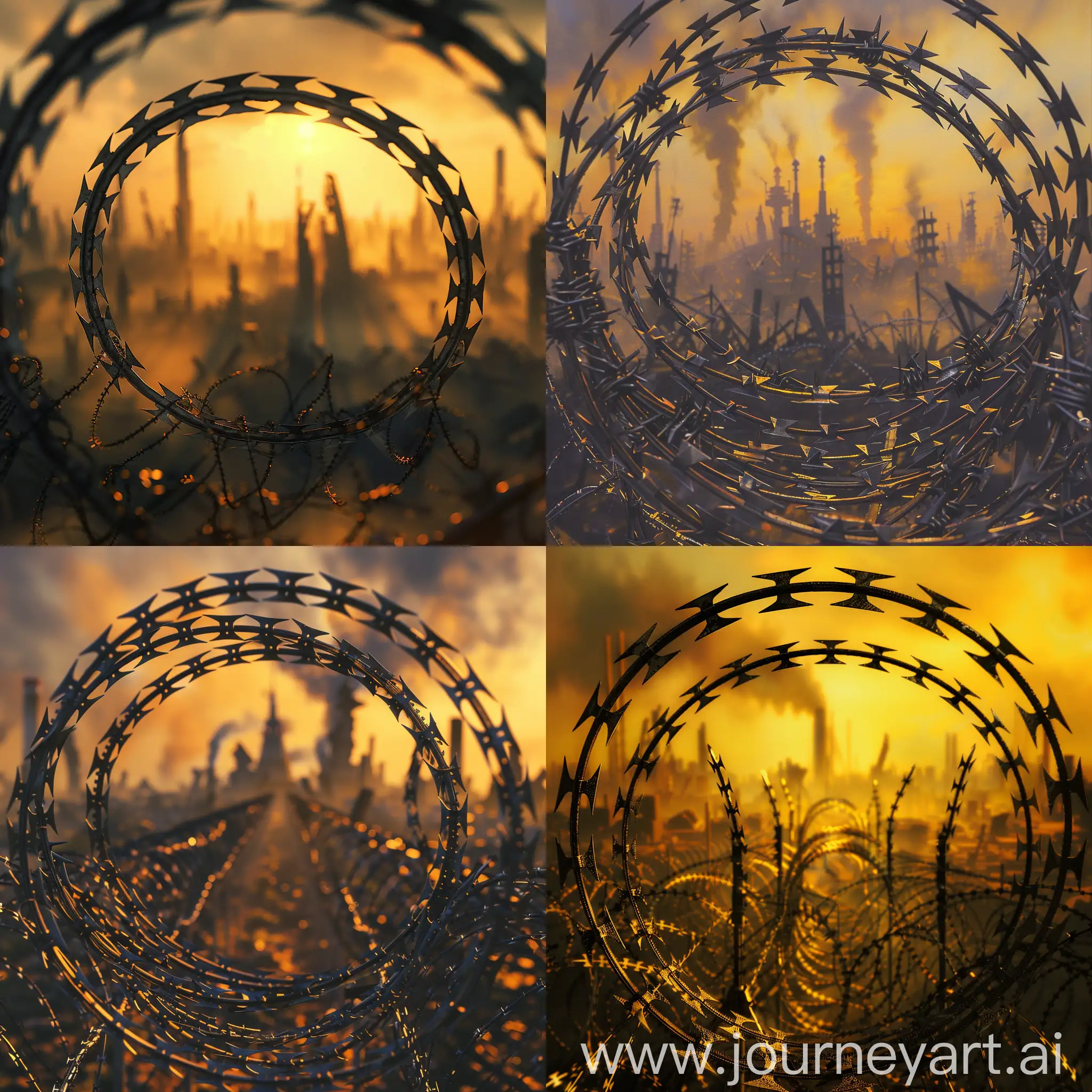 Eerie-Barbed-Wire-Encircled-Ruins-Desolate-Cityscape-at-Dawn
